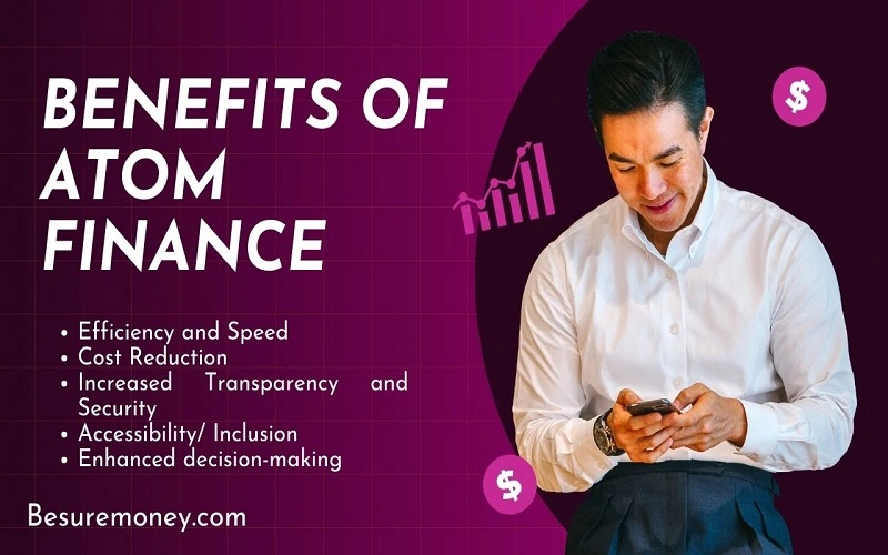 In this we have a benefits of atom finance in which a man is seeinng in his mobile a benefits