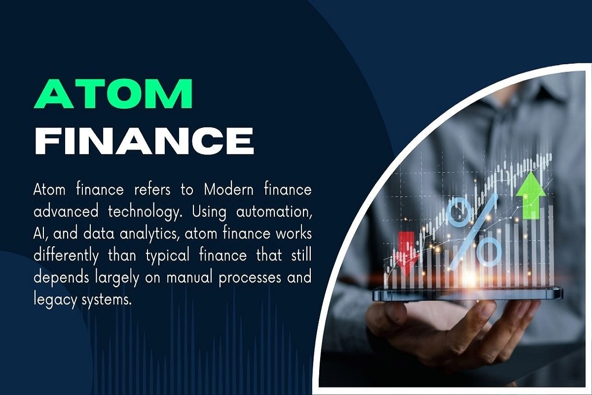 in this image want to say that whiat is atom finance and it detail with a man have a tablet in hand and in that tablet we are seeing that candlesticks and growth